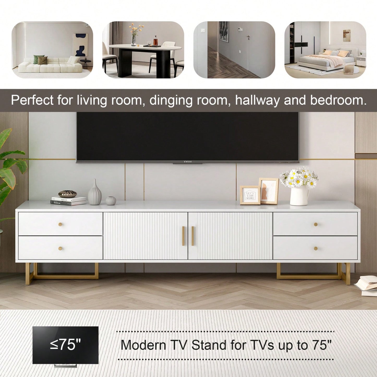 Modern TV Stand With Storage, Entertainment Center For 65+ Inch TV, Wave Groove Design, T-Shaped Metal Frame