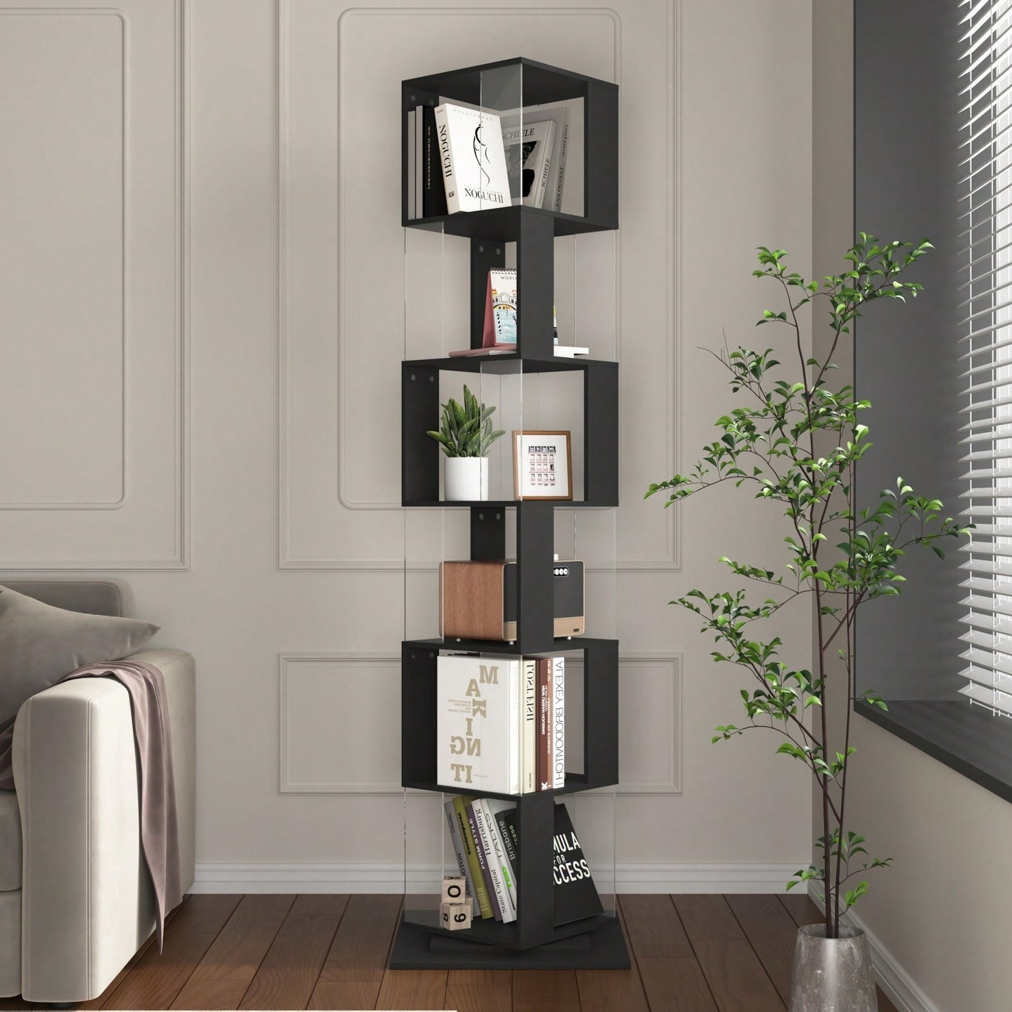 6 Tier Rotating Bookshelf with Acrylic Shelves Multi-Functional Creative Bookcase for Living Room Anti-Tip Design