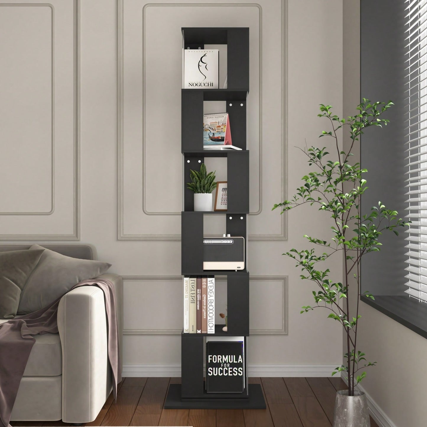 6 Tier Rotating Bookshelf with Acrylic Shelves Multi-Functional Creative Bookcase for Living Room Anti-Tip Design