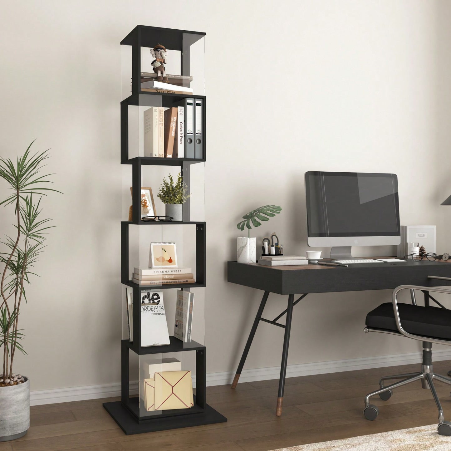 6 Tier Rotating Bookshelf with Acrylic Shelves Multi-Functional Creative Bookcase for Living Room Anti-Tip Design