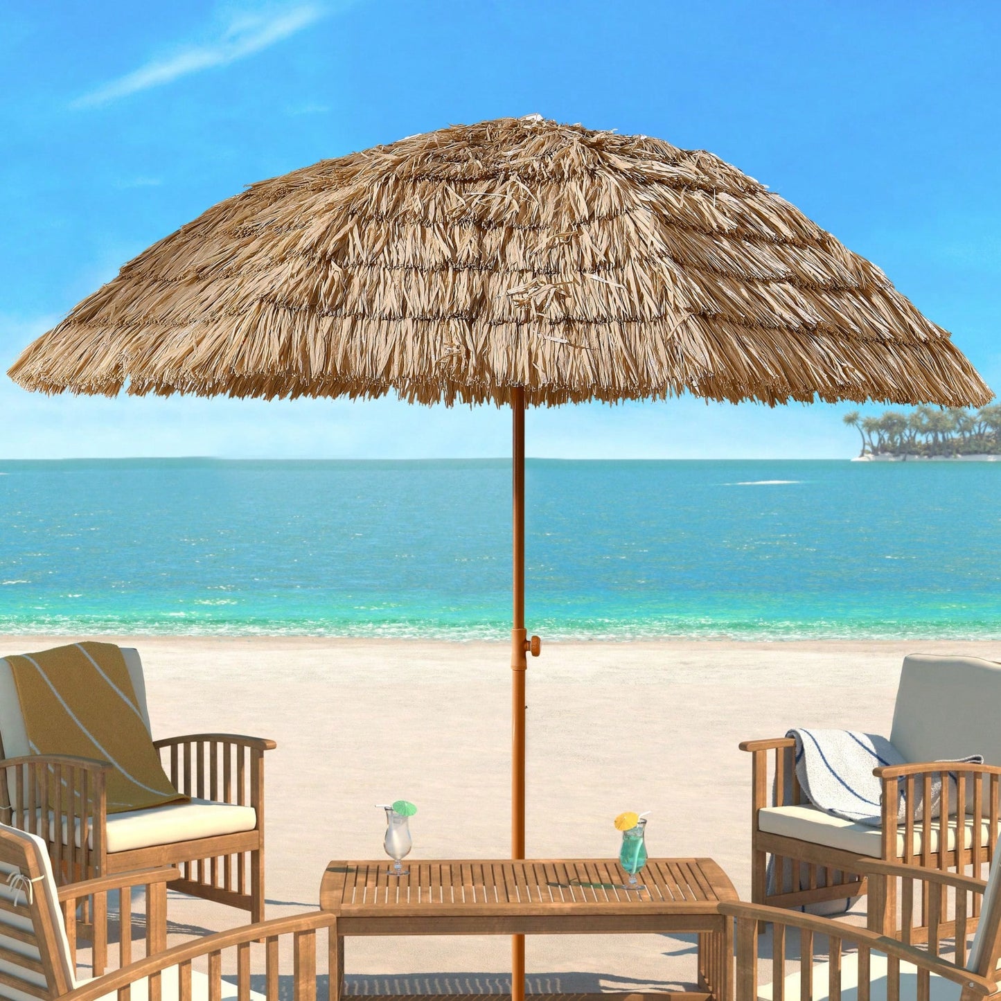 8' Thatch Patio Tiki Umbrella, Tropical Palapa Raffia Tiki Hut Hawaiian Hula Beach Umbrella,Straw Umbrella With Tilt Mechanism & Quick Open