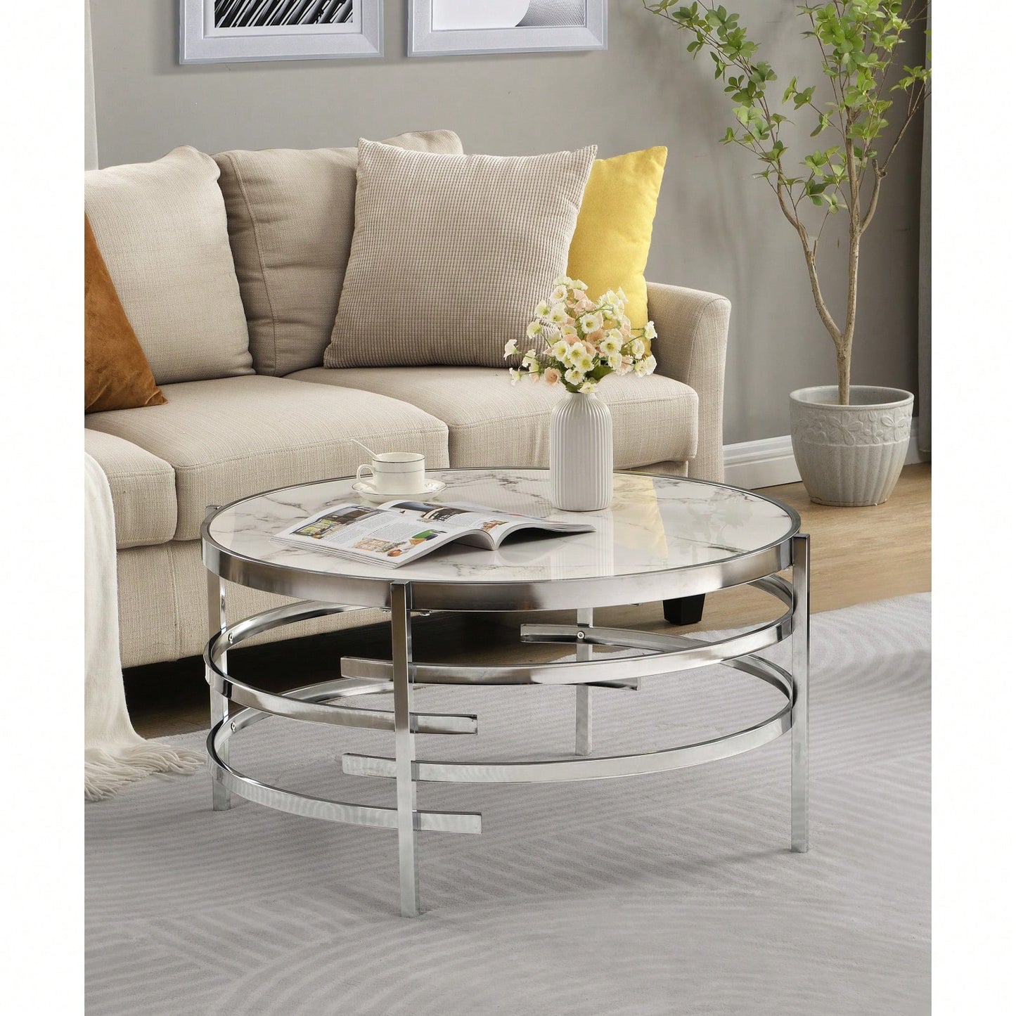 Modern Chrome Metal Frame Coffee Table 32.48x32.48x17.72 for Stylish Living Room Decor