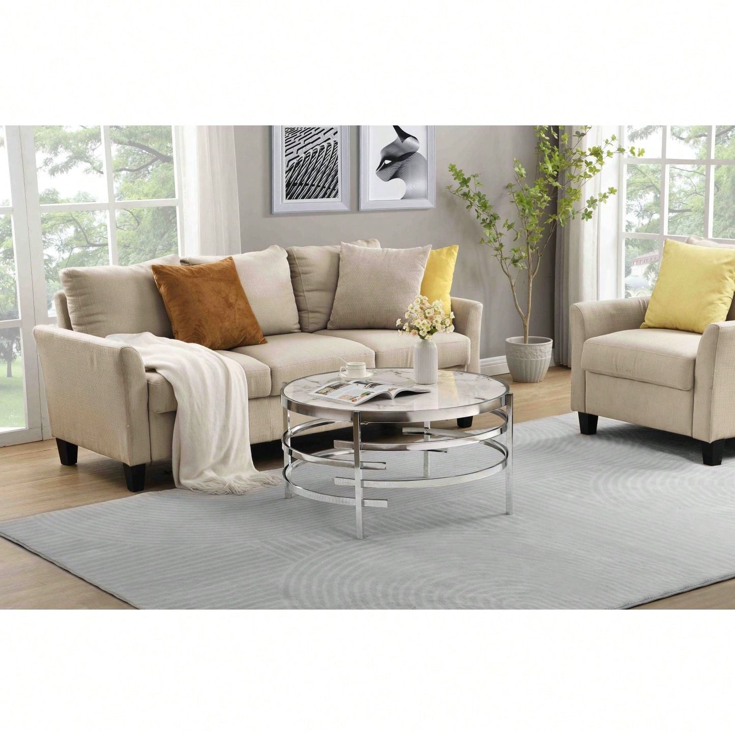 Modern Chrome Metal Frame Coffee Table 32.48x32.48x17.72 for Stylish Living Room Decor