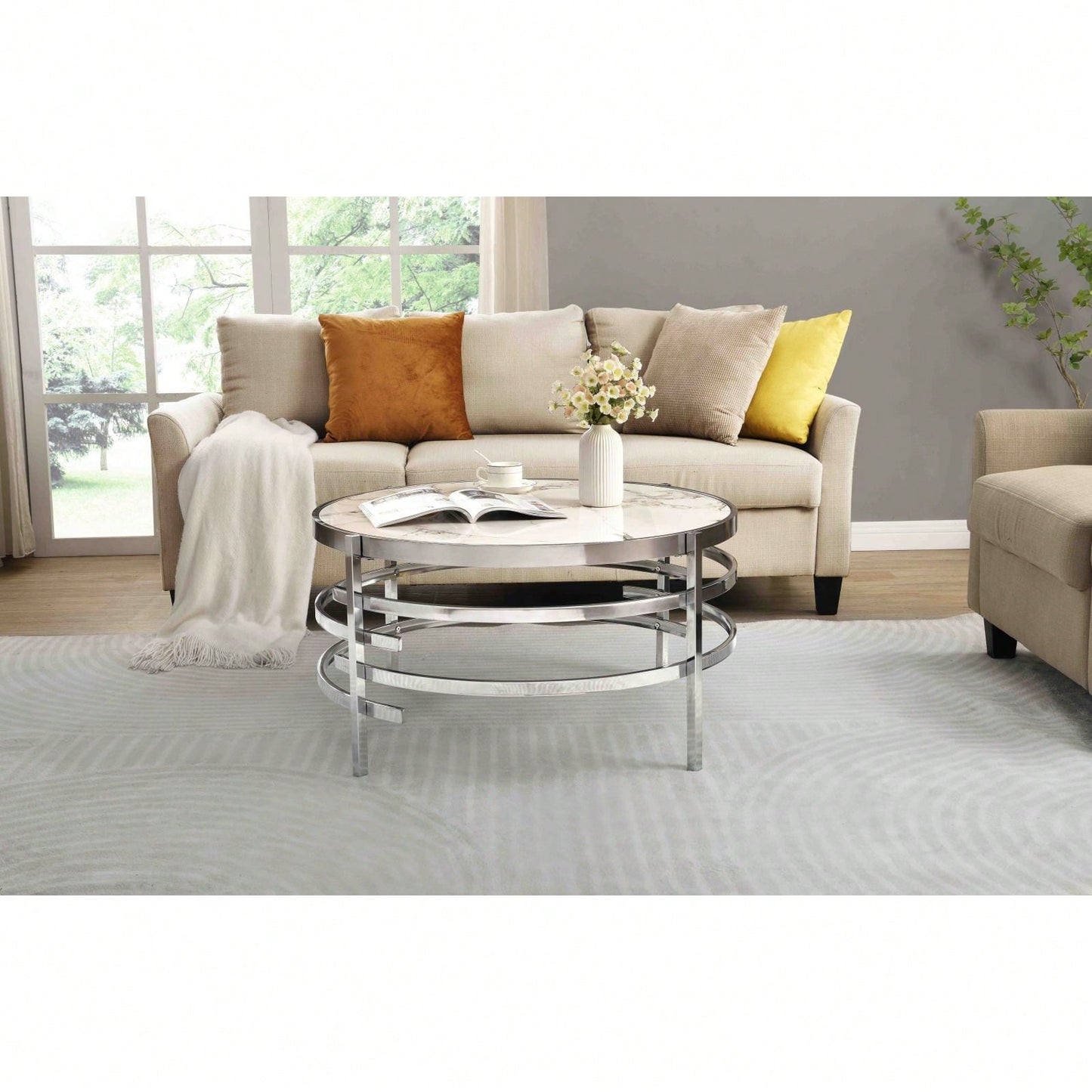 Modern Chrome Metal Frame Coffee Table 32.48x32.48x17.72 for Stylish Living Room Decor