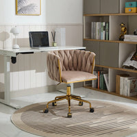 Velvet Rolling Makeup Chair with Adjustable Height and Hand-Woven Backrest for Home Office and Bedroom