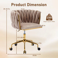 Velvet Rolling Makeup Chair with Adjustable Height and Hand-Woven Backrest for Home Office and Bedroom