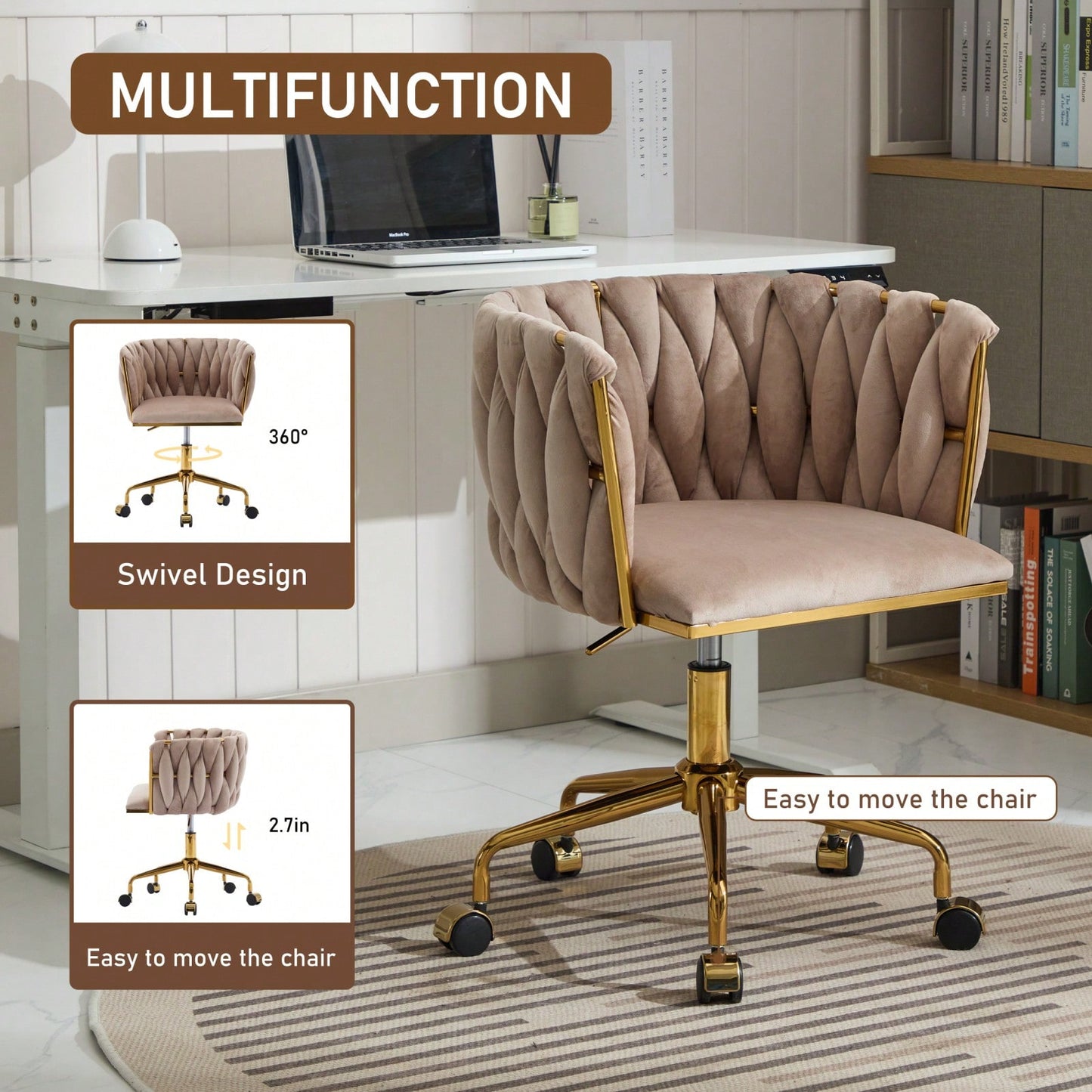 Velvet Rolling Makeup Chair with Adjustable Height and Hand-Woven Backrest for Home Office and Bedroom