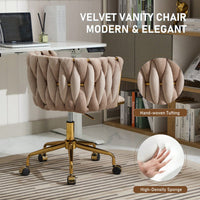 Velvet Rolling Makeup Chair with Adjustable Height and Hand-Woven Backrest for Home Office and Bedroom