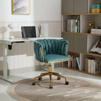 Velvet Rolling Makeup Chair with Adjustable Height and Hand-Woven Backrest for Home Office and Bedroom