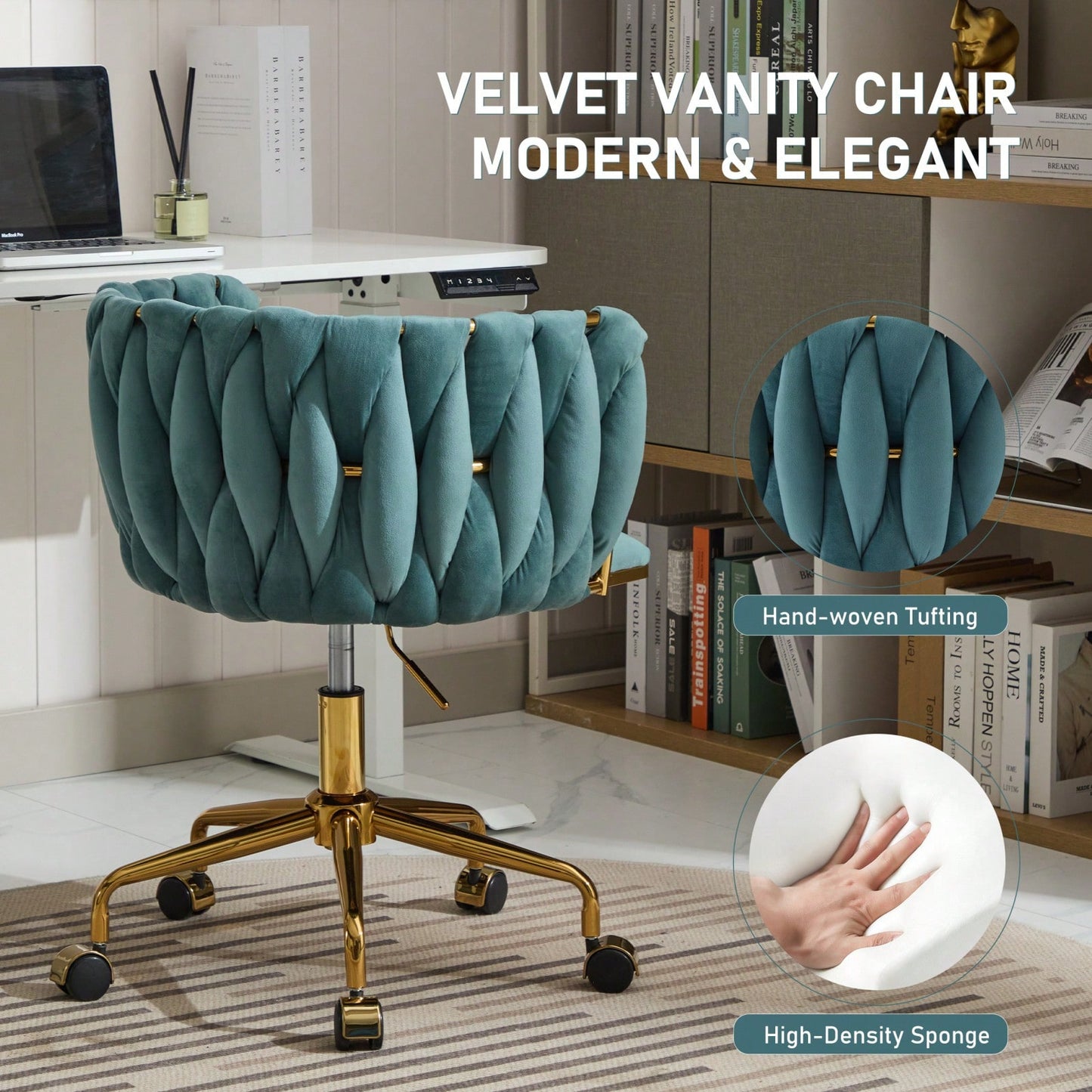 Velvet Rolling Makeup Chair with Adjustable Height and Hand-Woven Backrest for Home Office and Bedroom