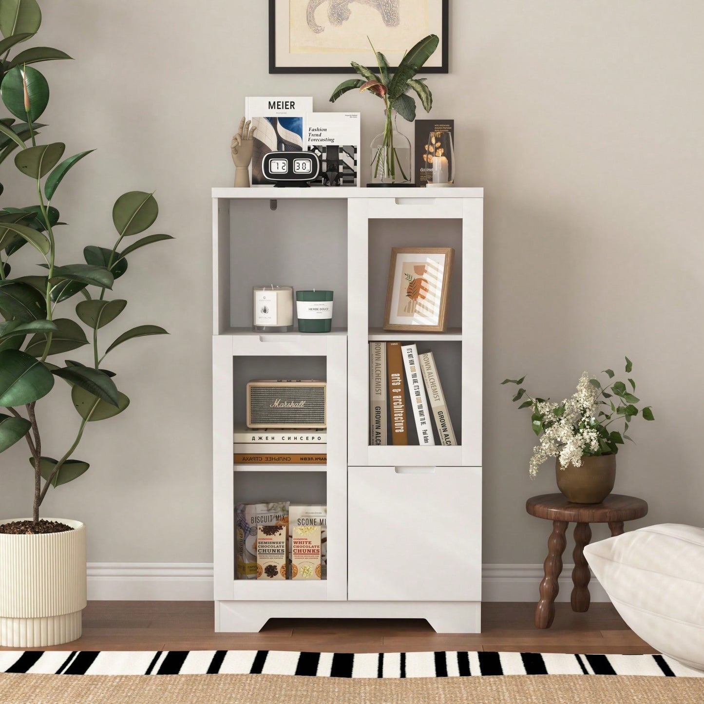 Elegant White Modern Farmhouse Storage Cabinet with Glass Doors and Adjustable Shelves for Living Room Bedroom Entryway Kitchen