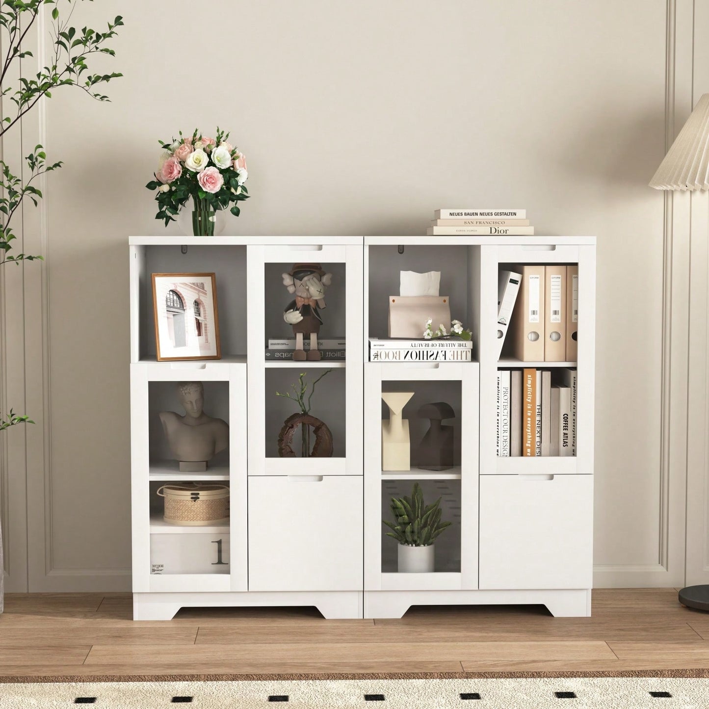 Elegant White Modern Farmhouse Storage Cabinet with Glass Doors and Adjustable Shelves for Living Room Bedroom Entryway Kitchen