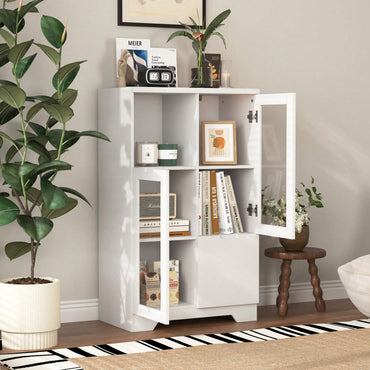 Elegant White Modern Farmhouse Storage Cabinet with Glass Doors and Adjustable Shelves for Living Room Bedroom Entryway Kitchen