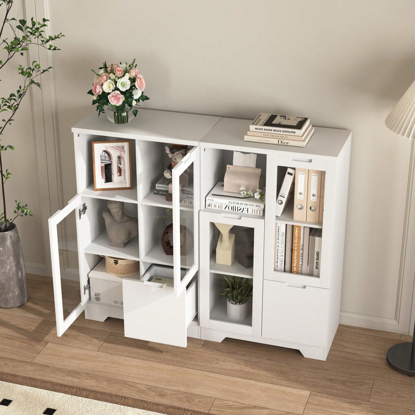 Elegant White Modern Farmhouse Storage Cabinet with Glass Doors and Adjustable Shelves for Living Room Bedroom Entryway Kitchen