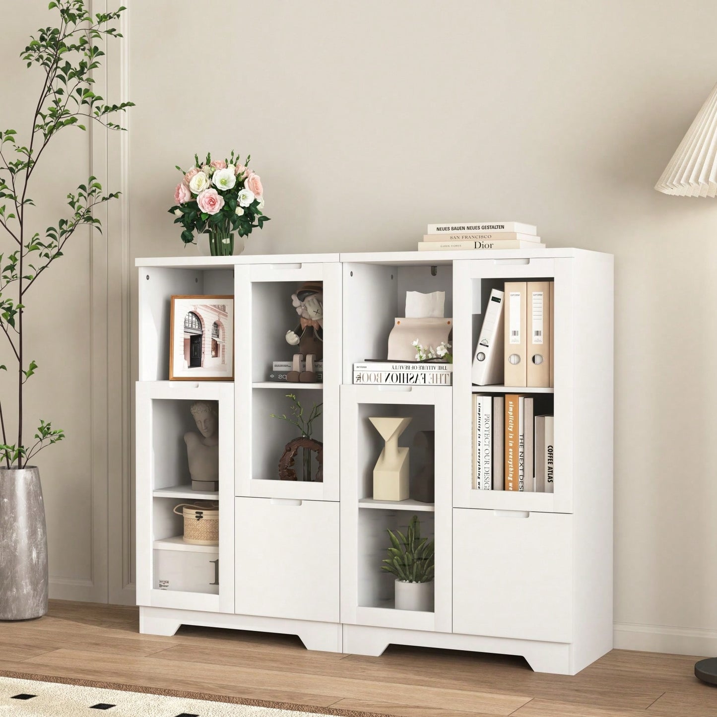 Elegant White Modern Farmhouse Storage Cabinet with Glass Doors and Adjustable Shelves for Living Room Bedroom Entryway Kitchen