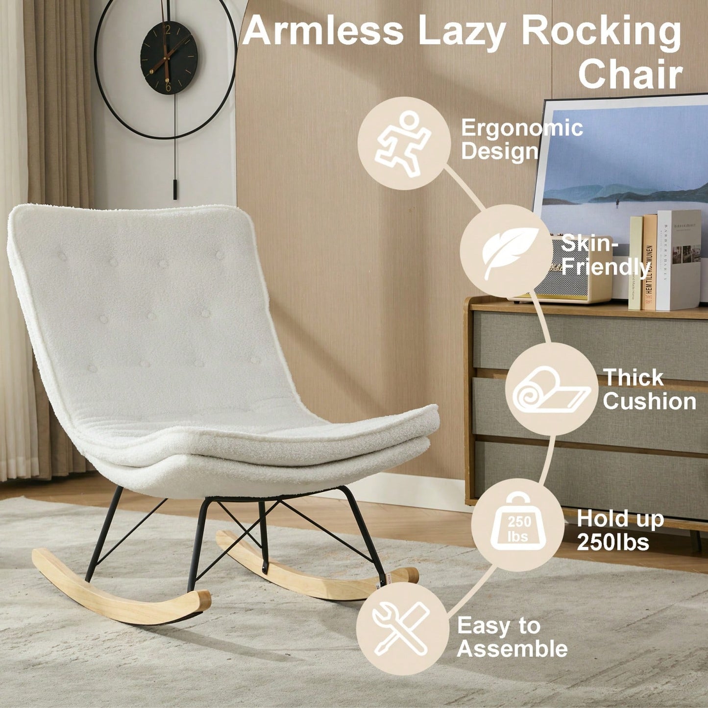 Upholstered Armless Rocker Chair With Wide Backrest And Seat Wood Base For Living Room, Balcony,Bedroom And Patio Porch.