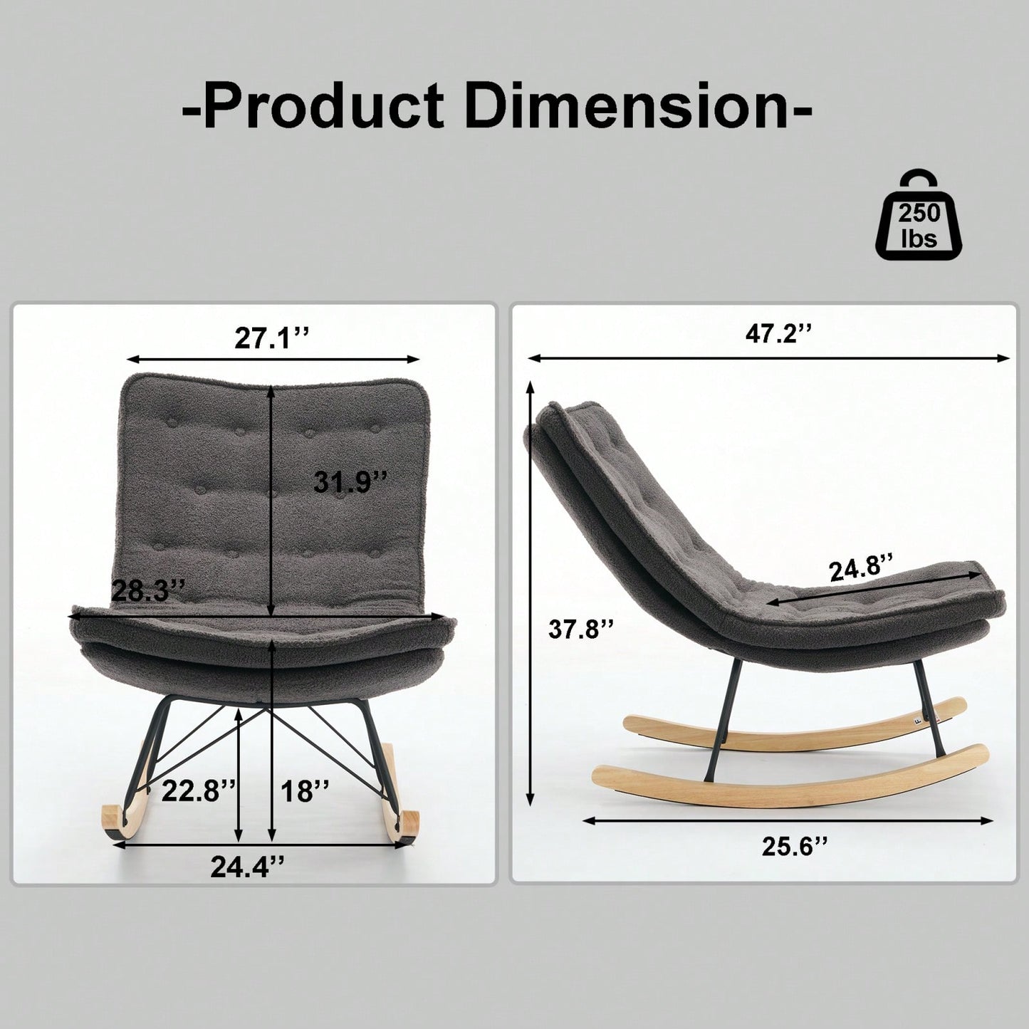 Upholstered Armless Rocker Chair With Wide Backrest And Seat Wood Base For Living Room, Balcony,Bedroom And Patio Porch.