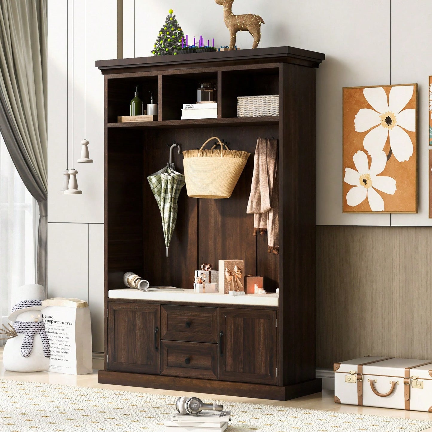 3-In-1 Hall Tree With Shoe Storage, Entryway Bench, Coat Hanger, For Entrance, Hallway