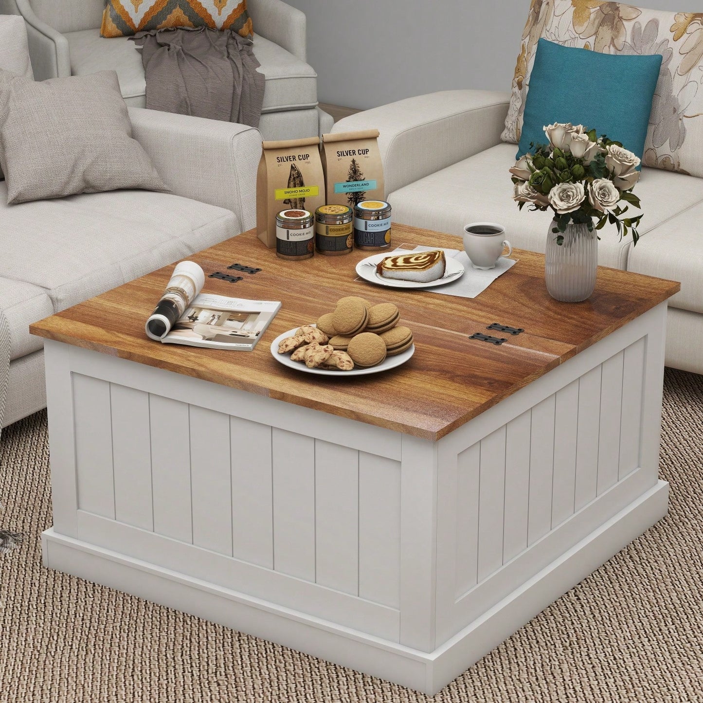 Rustic 31.5 Inch Farmhouse Coffee Table with Lift Top and Hidden Storage for Living Room