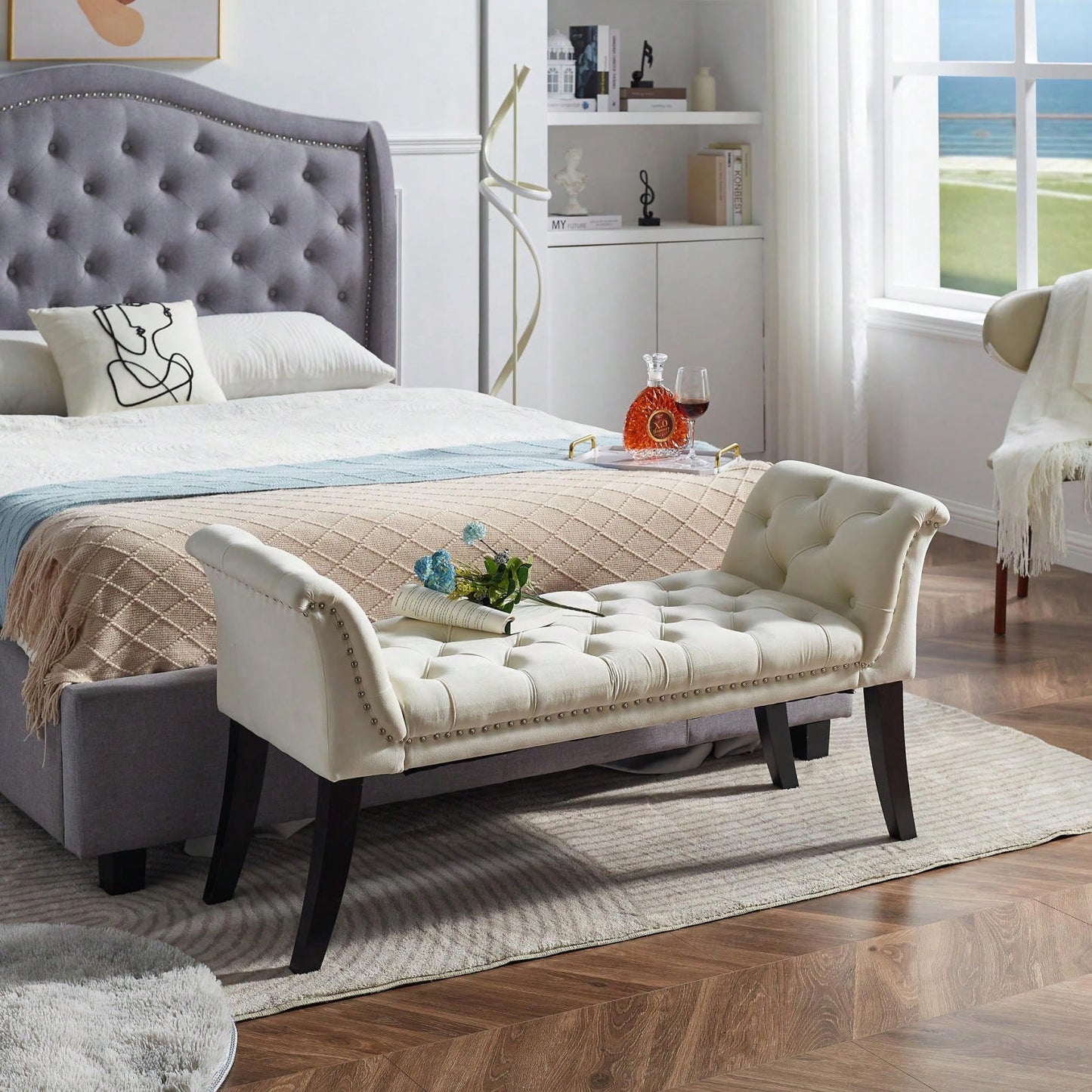 Beige Velvet Button Tufted Ottoman Bench with Nailhead Trim for Living Room Entryway Bedroom