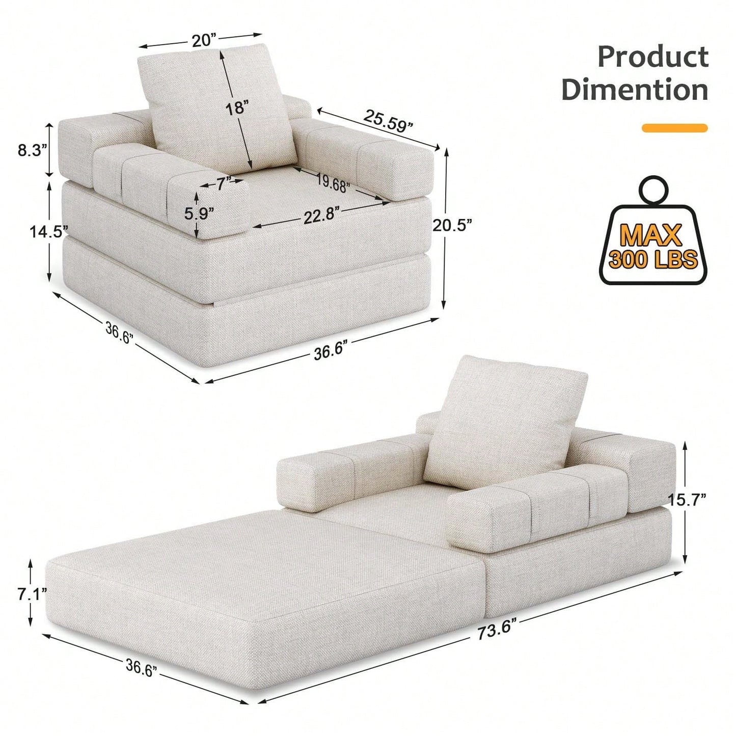 Foldable Sofa Bed, Folding Lounger Single Sofa With Removable Cushions, Portable Sofa Chair For Living Room, Guest Room, Playroom