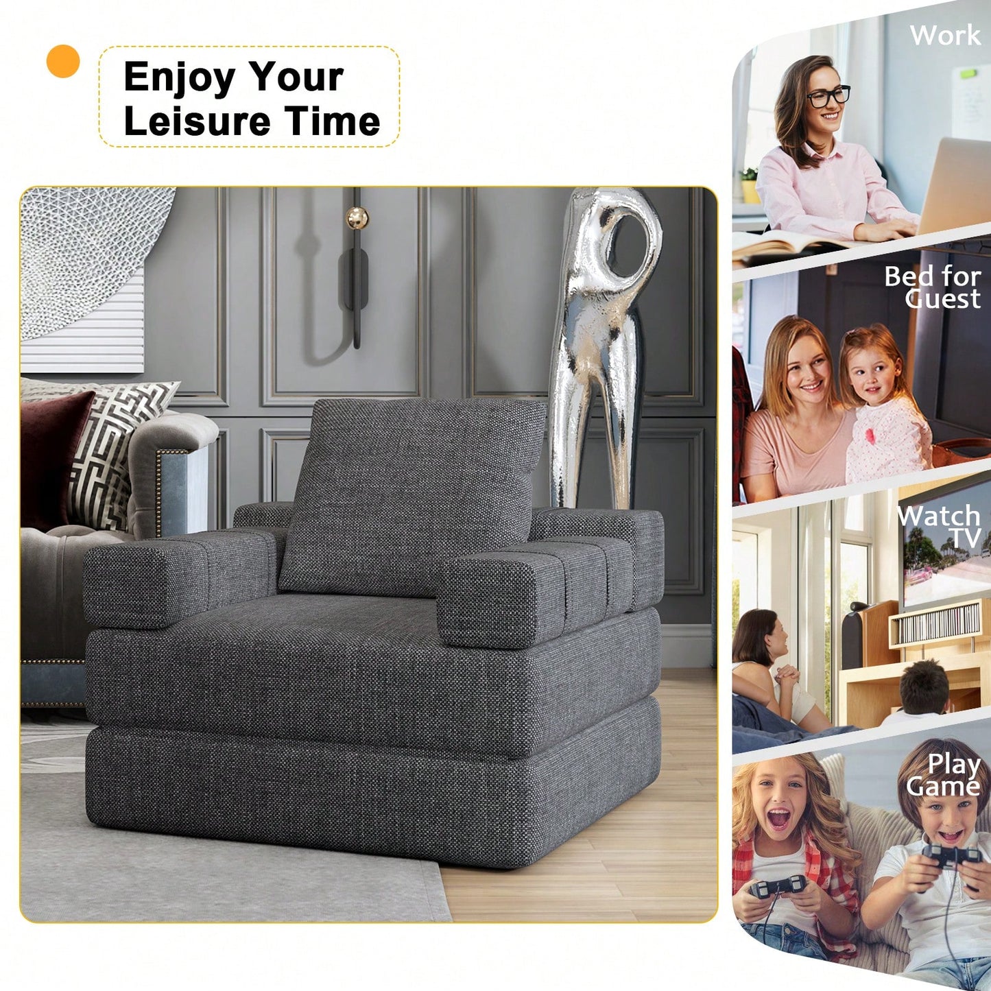 Foldable Sofa Bed, Folding Lounger Single Sofa With Removable Cushions, Portable Sofa Chair For Living Room, Guest Room, Playroom