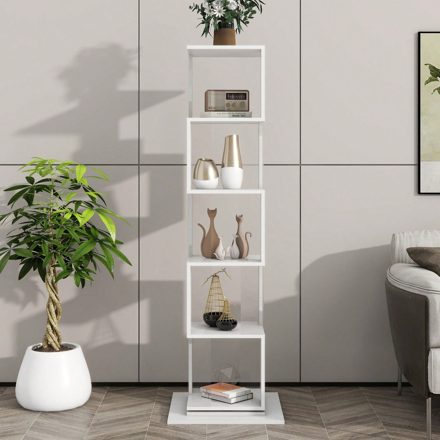 5 Tier Rotating Bookshelf with Acrylic Shelves Multi-Function Bookcase for Living Room Anti-Toppling Design