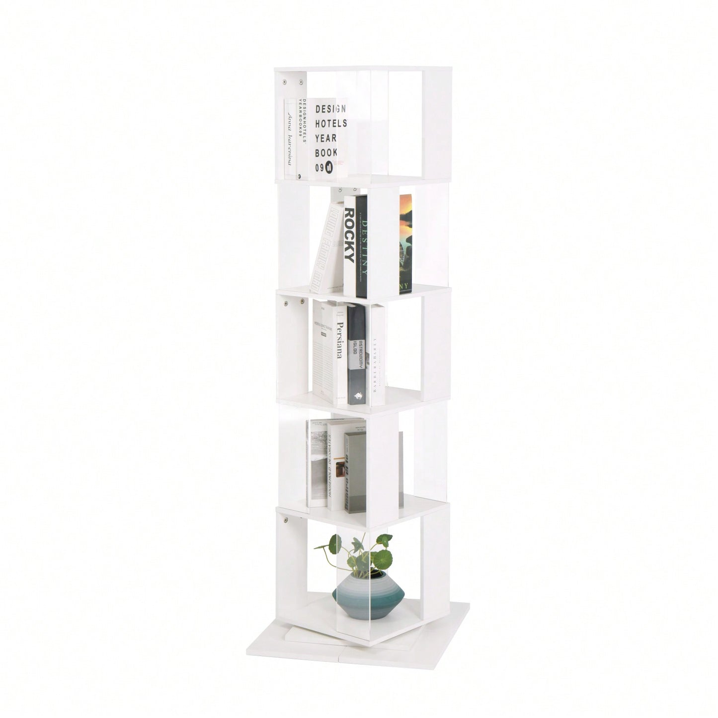 5 Tier Rotating Bookshelf with Acrylic Shelves Multi-Function Bookcase for Living Room Anti-Toppling Design