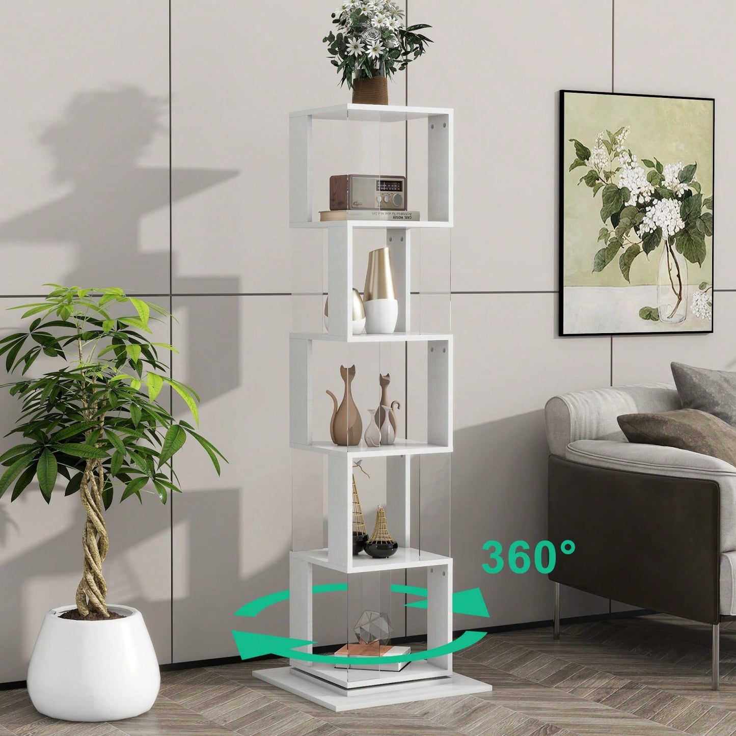 5 Tier Rotating Bookshelf with Acrylic Shelves Multi-Function Bookcase for Living Room Anti-Toppling Design