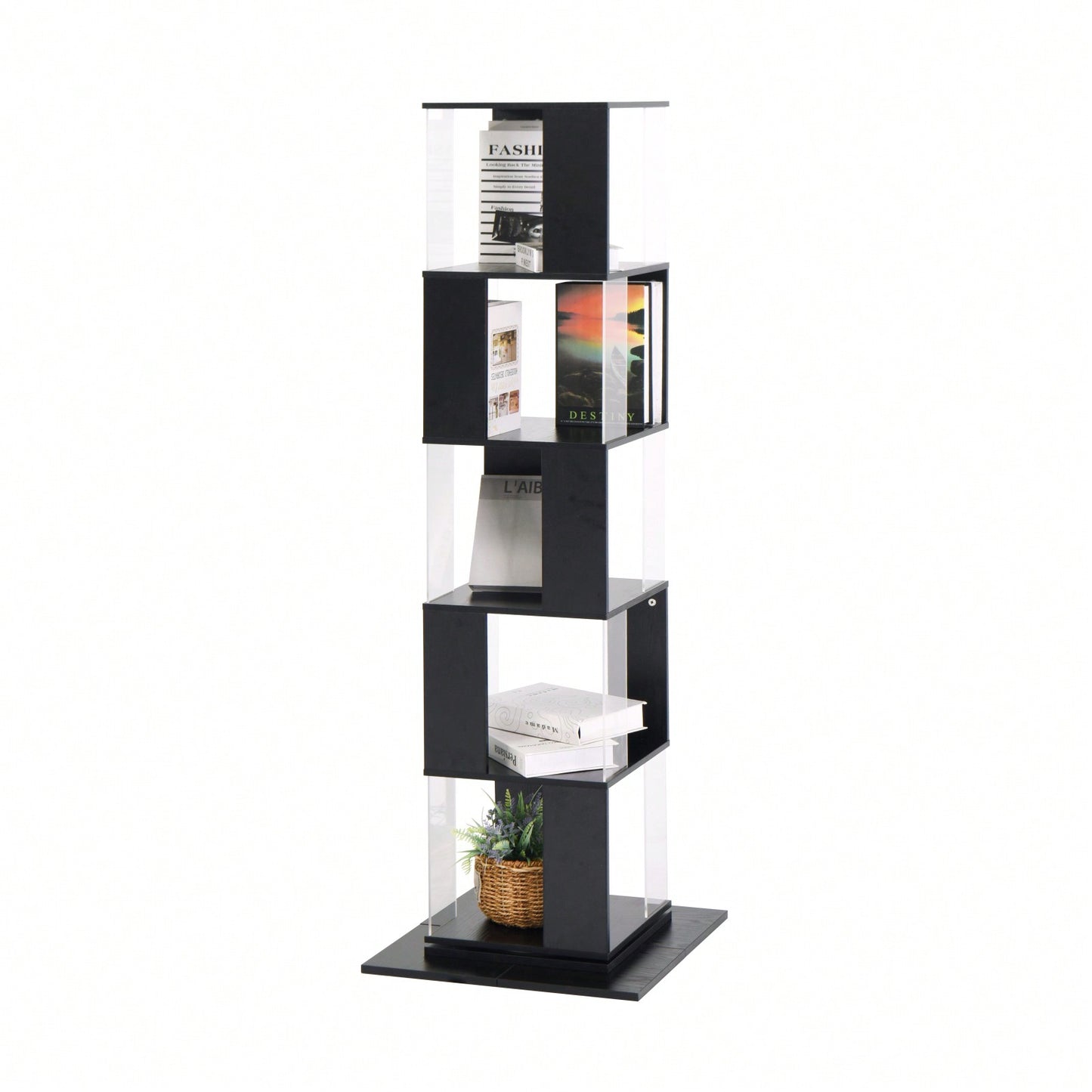 5 Tier Rotating Bookshelf with Acrylic Shelves Multi-Function Bookcase for Living Room Anti-Toppling Design