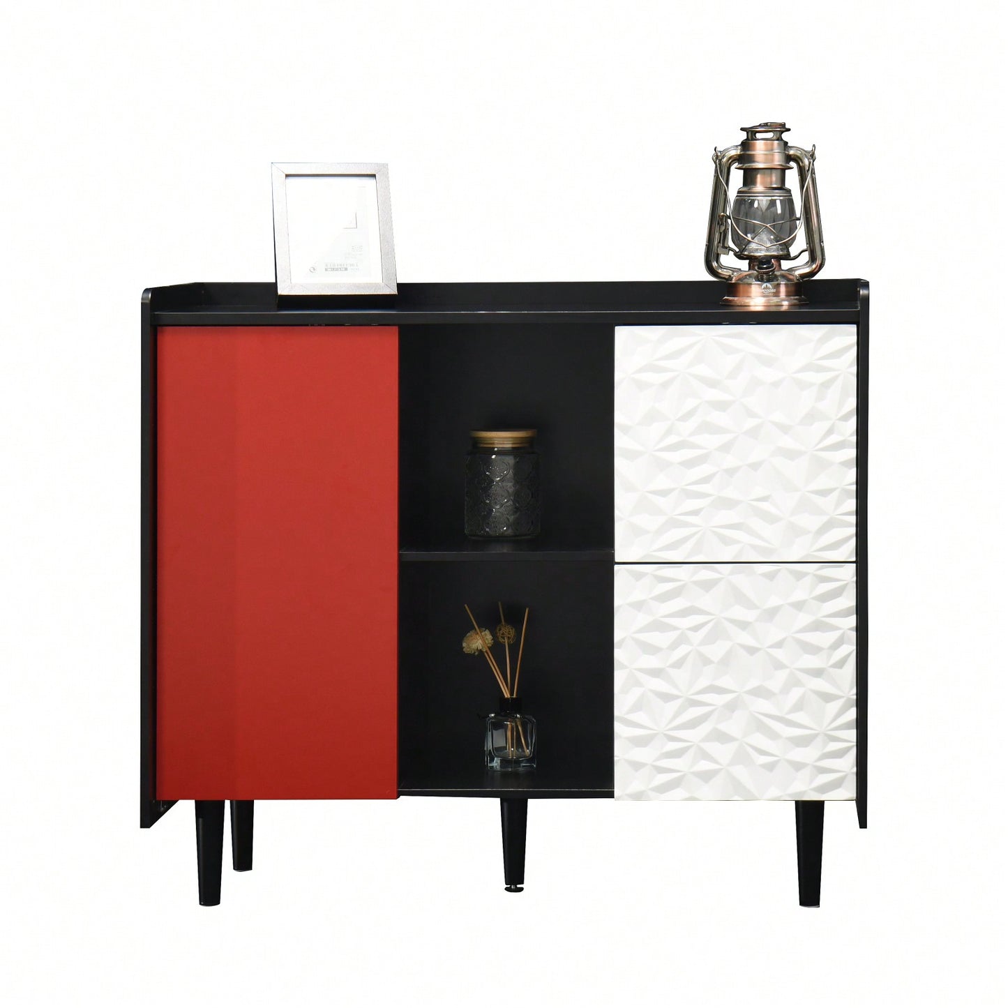 Modern Red Door Storage Cabinet with 2 Drawers and Open Compartments for Kitchen Dining Room Coffee Bar