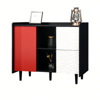 Modern Red Door Storage Cabinet with 2 Drawers and Open Compartments for Kitchen Dining Room Coffee Bar