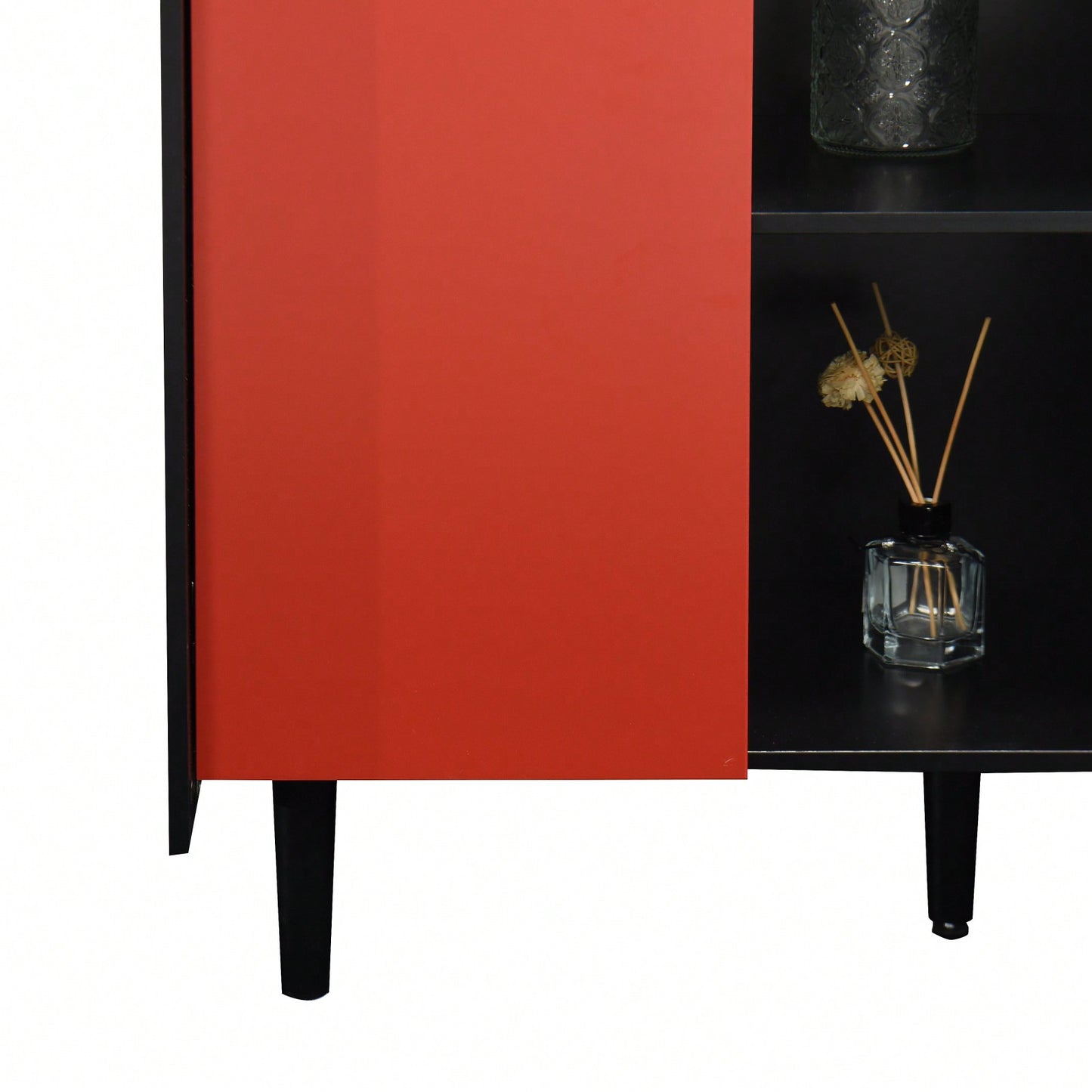 Modern Red Door Storage Cabinet with 2 Drawers and Open Compartments for Kitchen Dining Room Coffee Bar