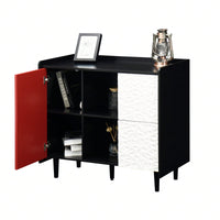 Modern Red Door Storage Cabinet with 2 Drawers and Open Compartments for Kitchen Dining Room Coffee Bar