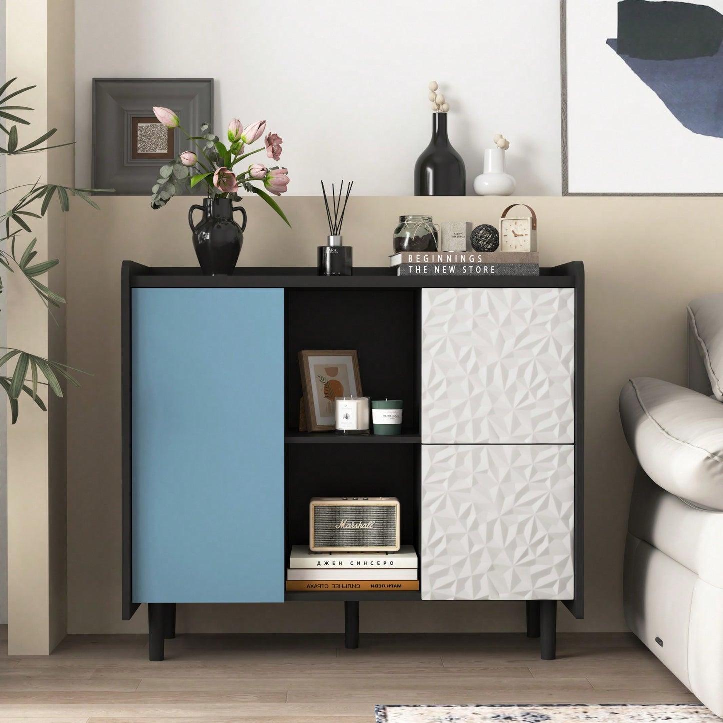 Modern Red Door Storage Cabinet with 2 Drawers and Open Compartments for Kitchen Dining Room Coffee Bar