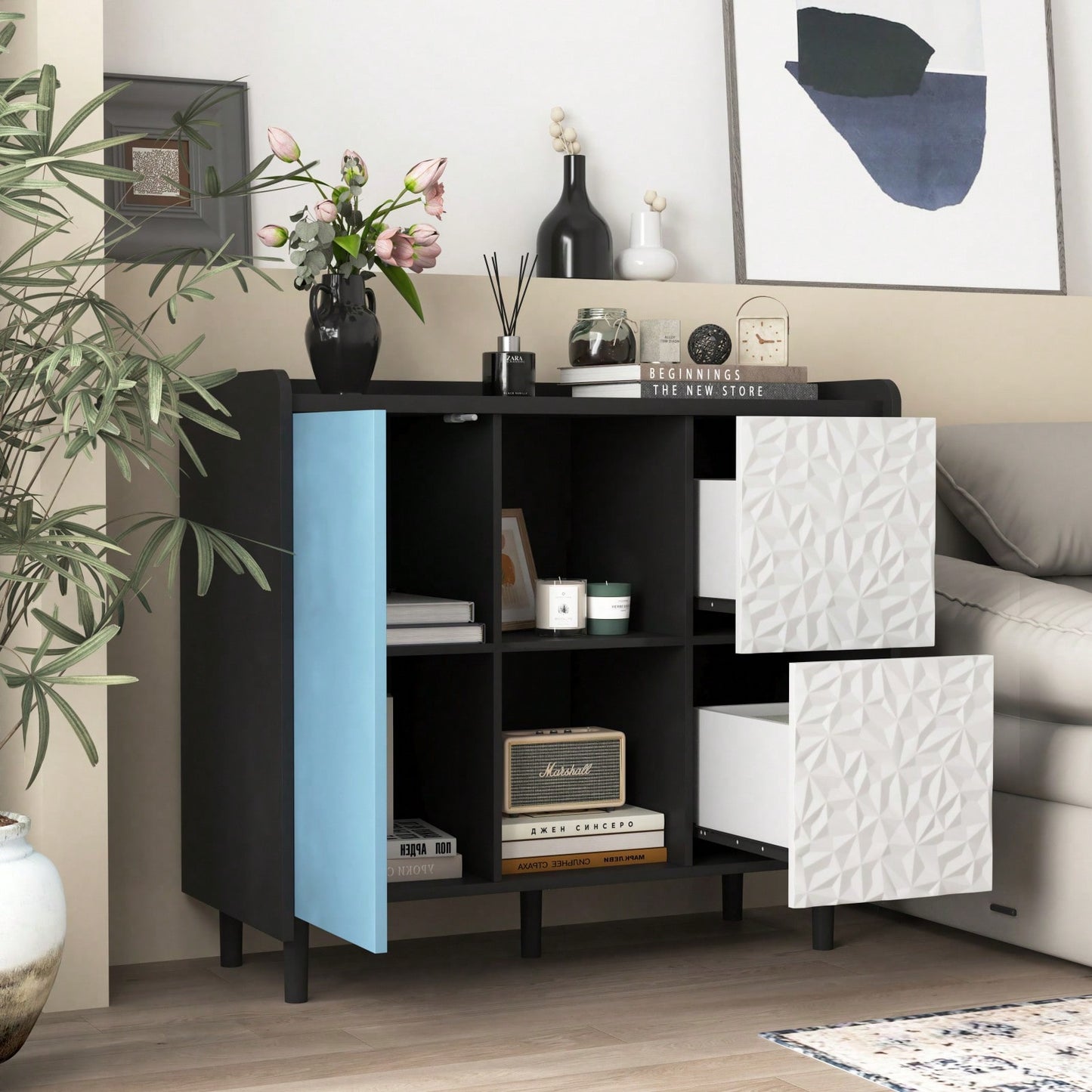 Modern Red Door Storage Cabinet with 2 Drawers and Open Compartments for Kitchen Dining Room Coffee Bar