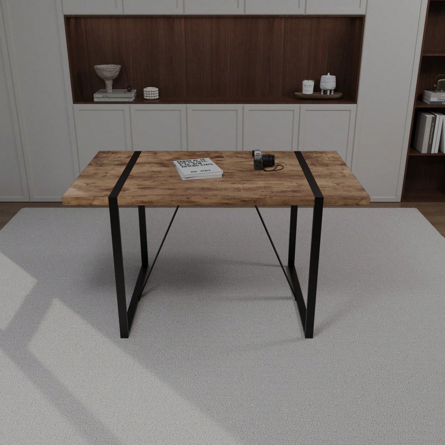 55 Inch Dark Wood MDF Dining Table for 4-6 People with Metal Legs Ideal for Kitchen and Terrace
