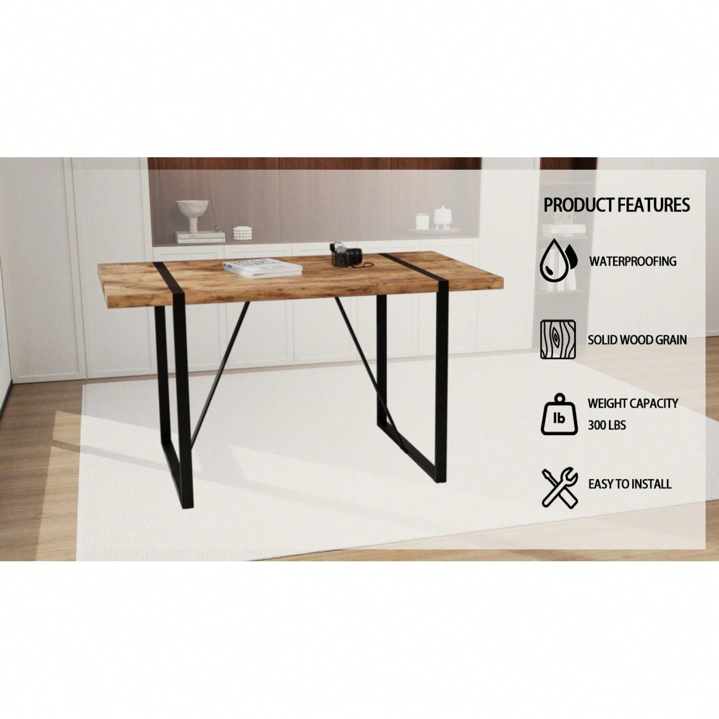 55 Inch Dark Wood MDF Dining Table for 4-6 People with Metal Legs Ideal for Kitchen and Terrace