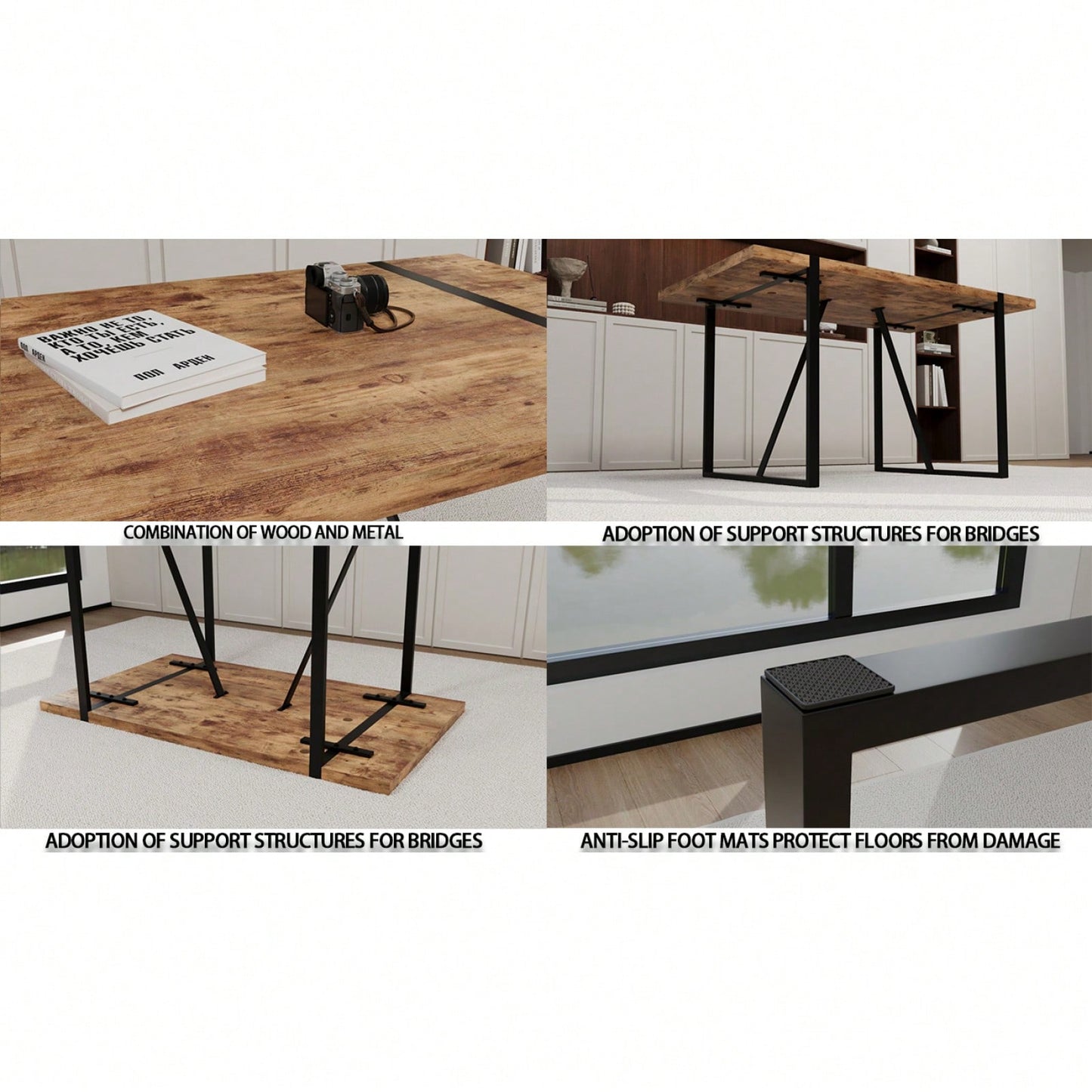 55 Inch Dark Wood MDF Dining Table for 4-6 People with Metal Legs Ideal for Kitchen and Terrace