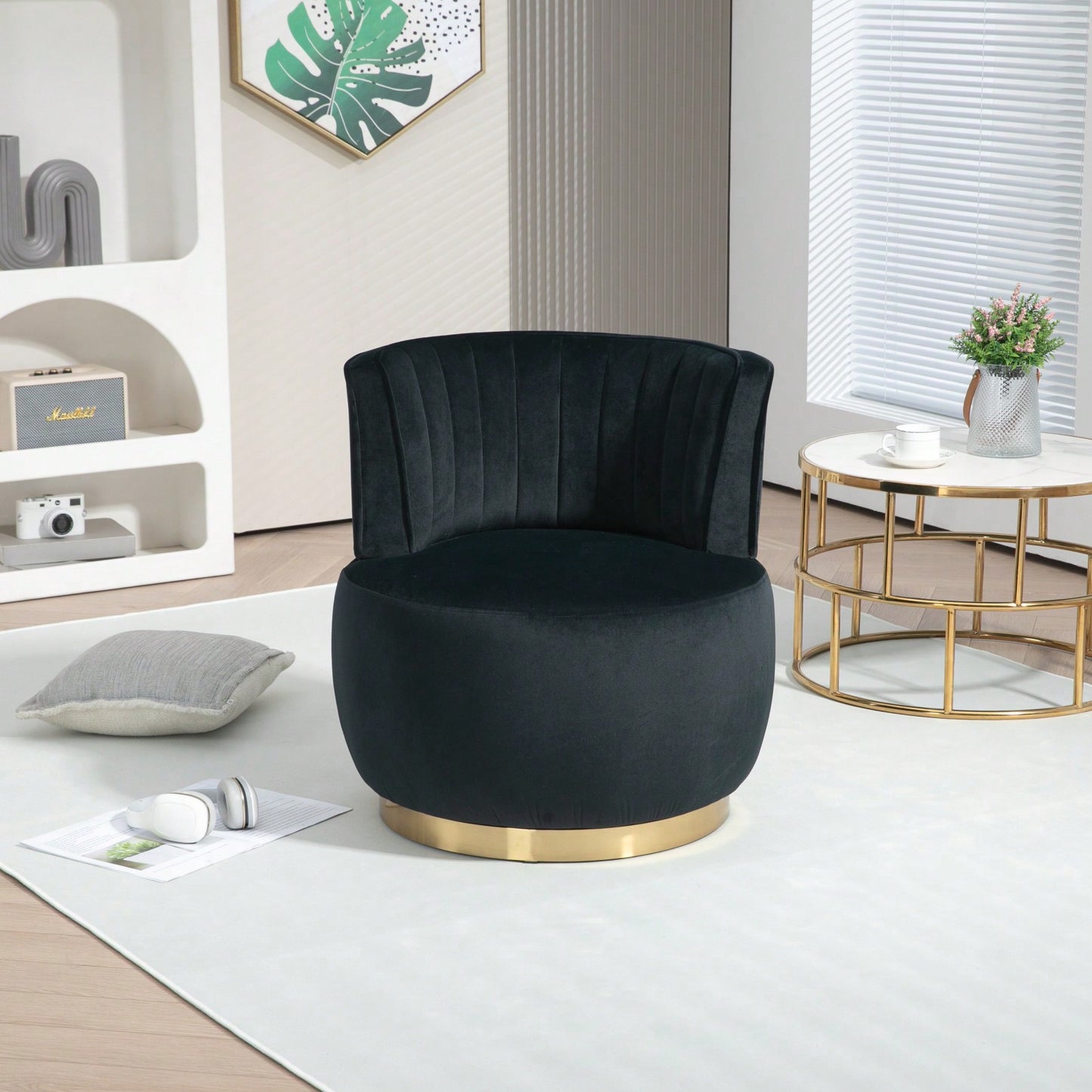 360 Degree Swivel Velvet Barrel Chair with High-Density Foam Cushions for Living Room Bedroom Office Nursery Supports 300 Lbs