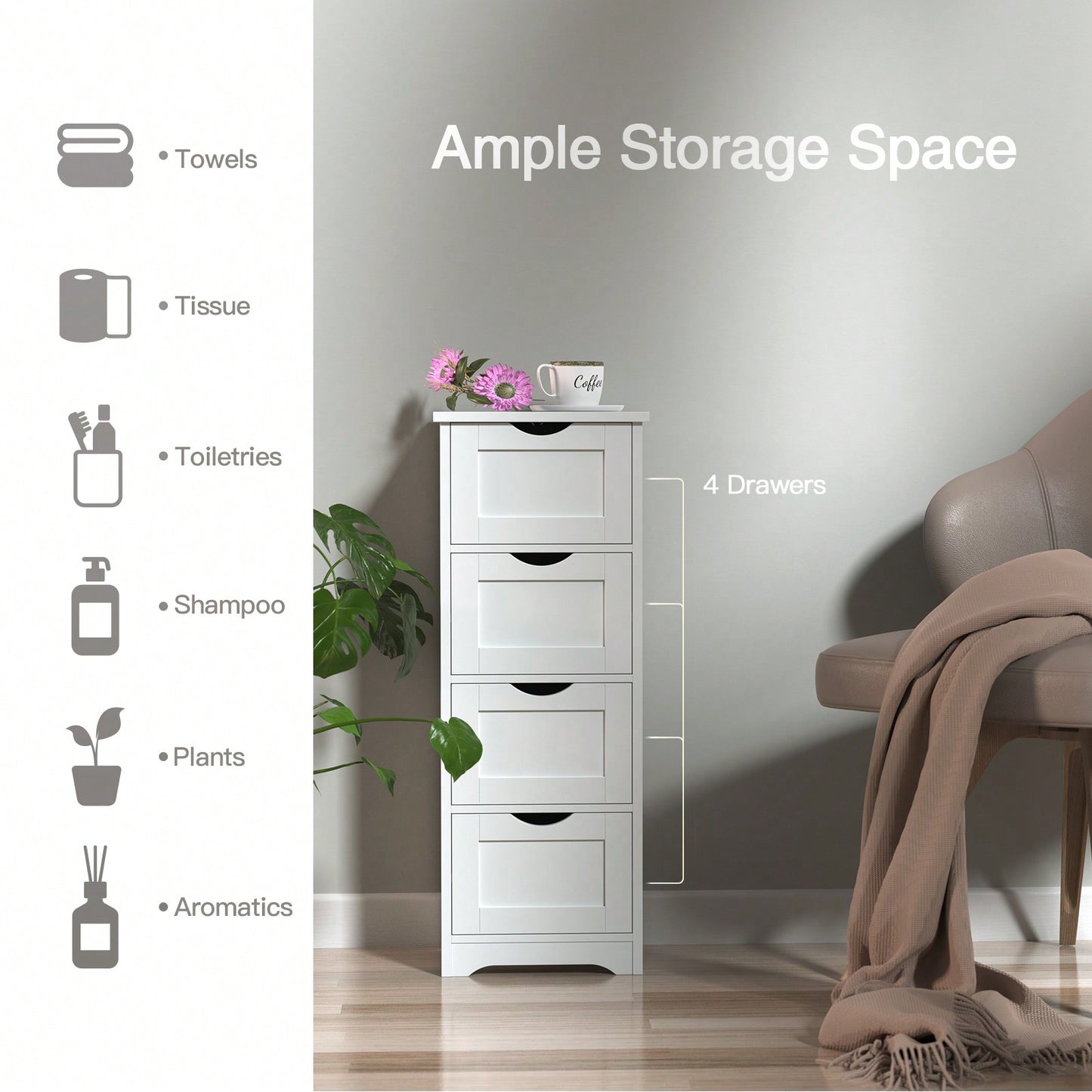 Stylish White Bathroom Storage Cabinet with 4 Drawers - Versatile Free Standing Organizer for Bedroom Living Room Office Easy Assembly