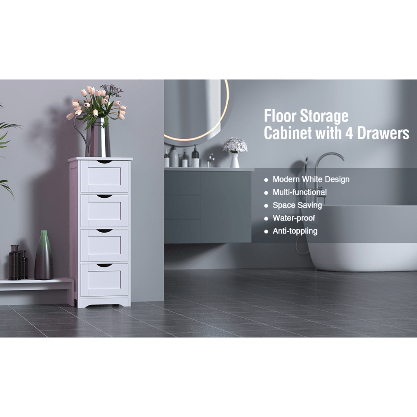 Stylish White Bathroom Storage Cabinet with 4 Drawers - Versatile Free Standing Organizer for Bedroom Living Room Office Easy Assembly