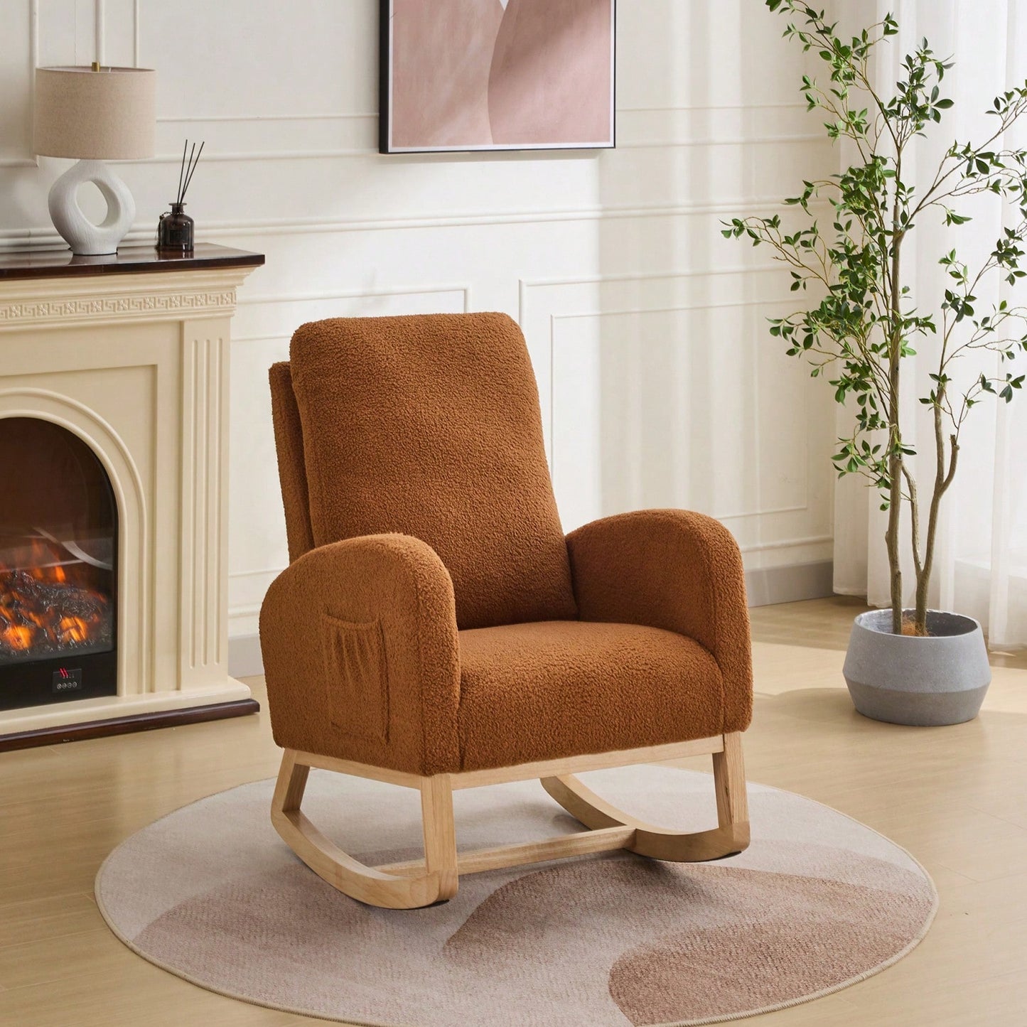 Sherpa Glider Rocking Chair 27.2 Inch High Back Accent Armchair with Side Pocket and Rubber Wood Legs for Nursery Living Room Bedroom