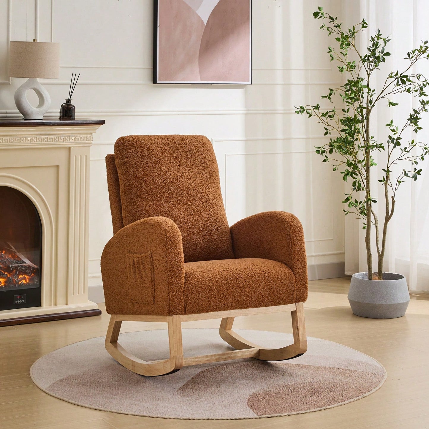 Sherpa Glider Rocking Chair 27.2 Inch High Back Accent Armchair with Side Pocket and Rubber Wood Legs for Nursery Living Room Bedroom