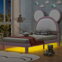 Twin Size Upholstered Platform Bed With Cartoon Ears Shaped Headboard And LED