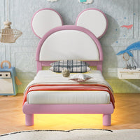 Twin Size Upholstered Platform Bed With Cartoon Ears Shaped Headboard And LED