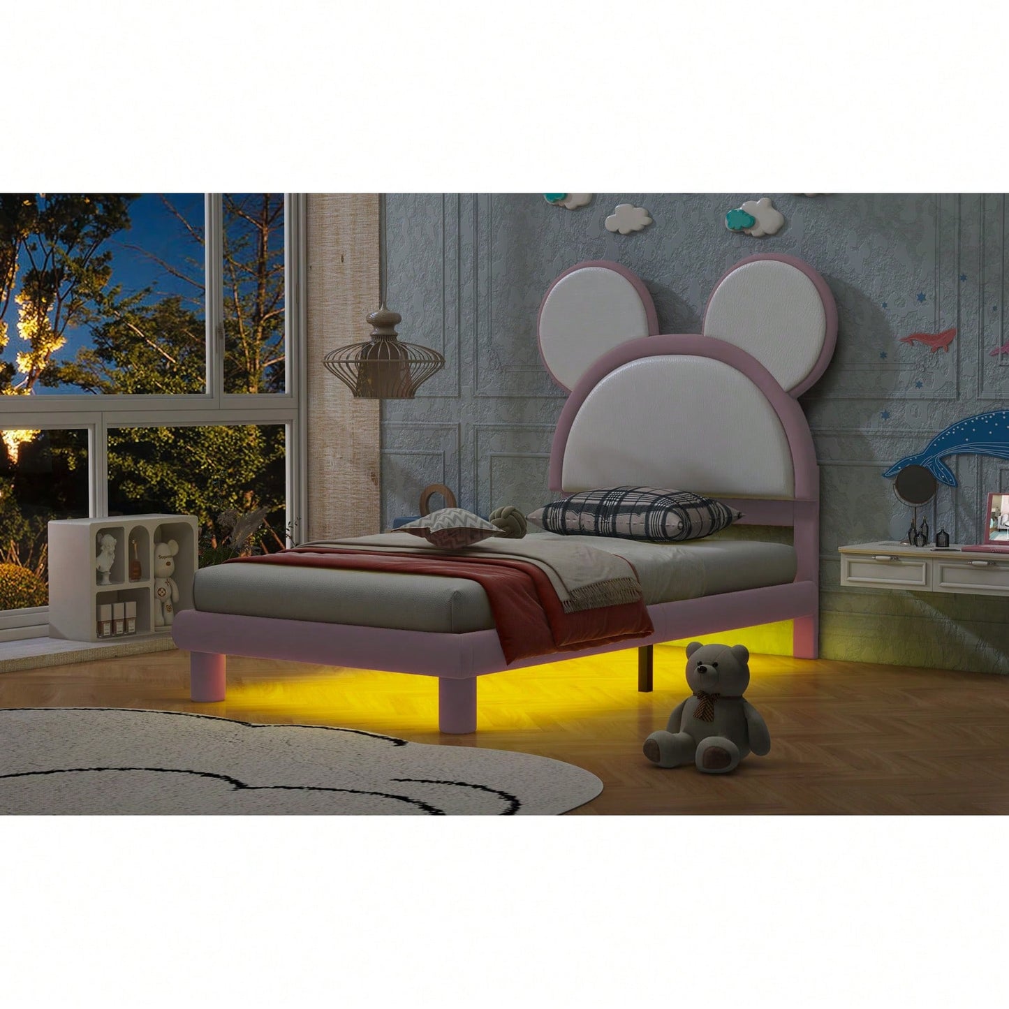 Twin Size Upholstered Platform Bed With Cartoon Ears Shaped Headboard And LED