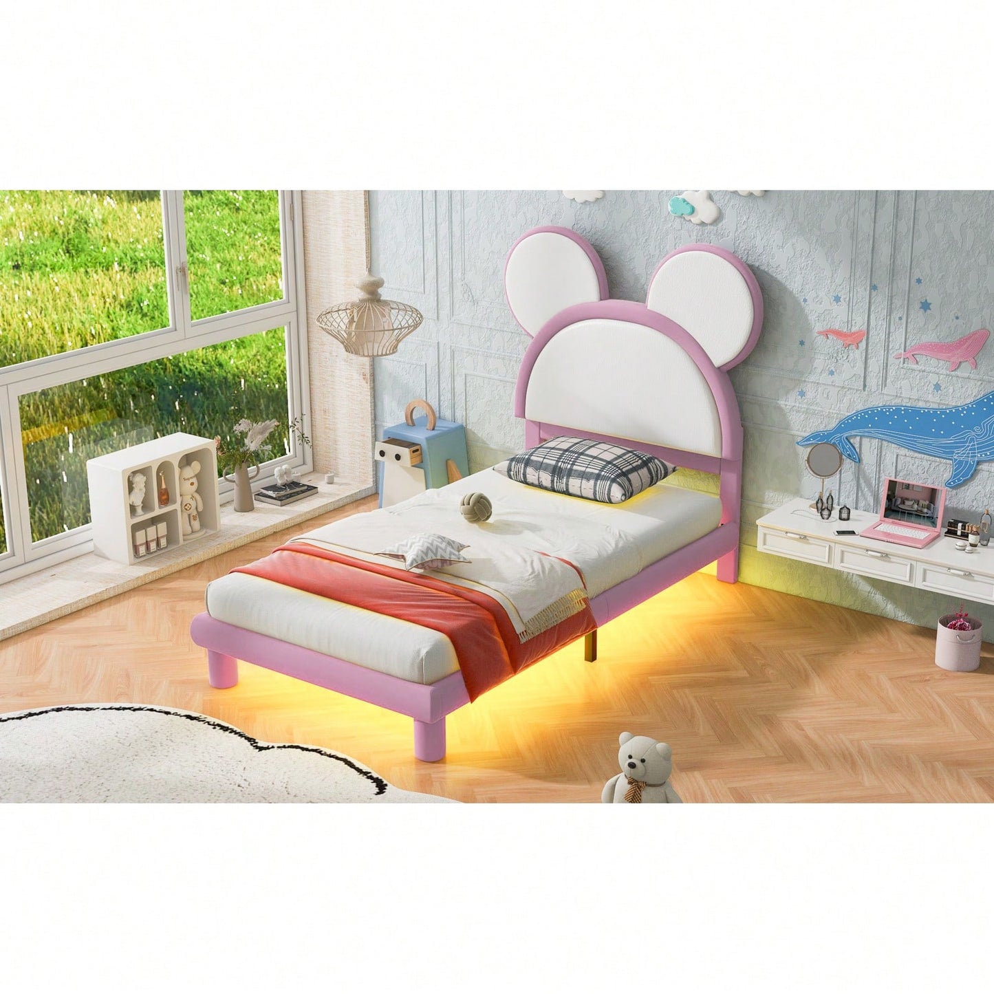 Twin Size Upholstered Platform Bed With Cartoon Ears Shaped Headboard And LED