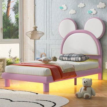 Twin Size Upholstered Platform Bed With Cartoon Ears Shaped Headboard And LED