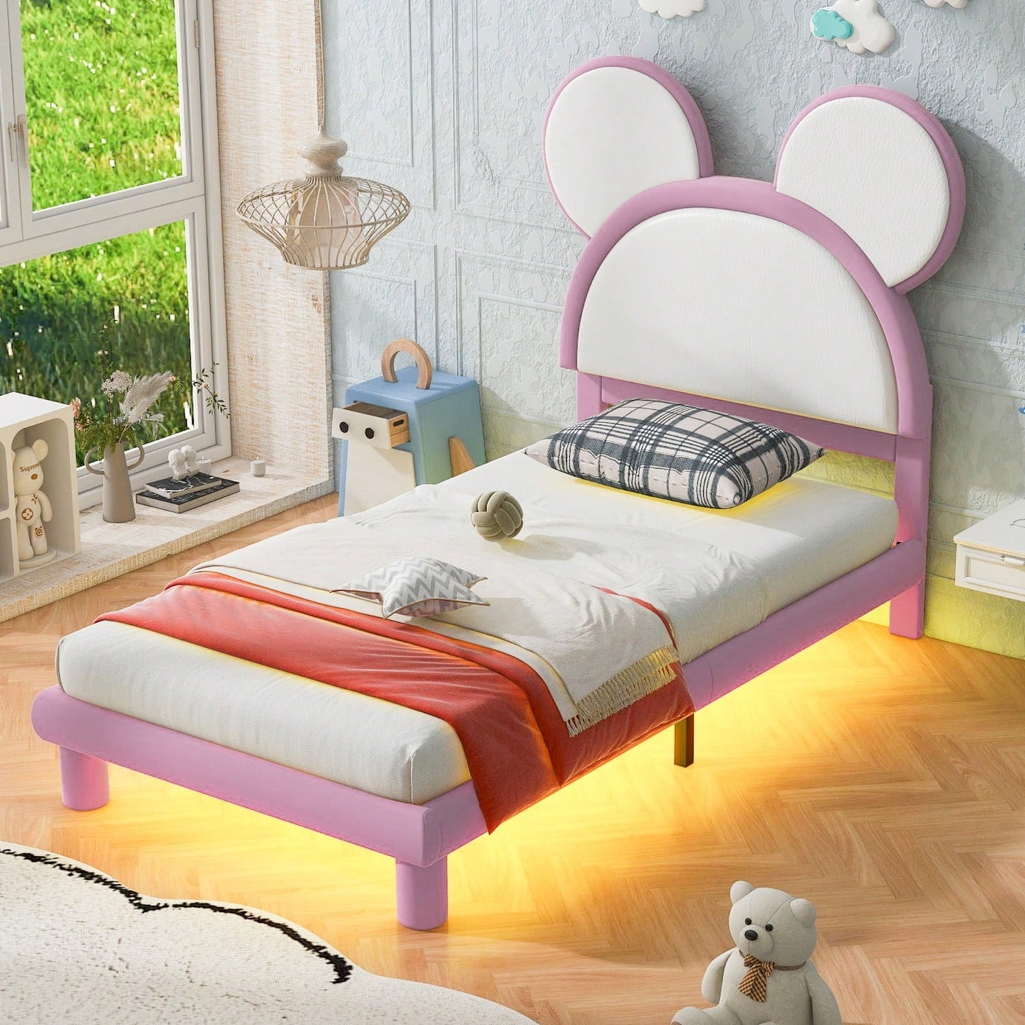 Twin Size Upholstered Platform Bed With Cartoon Ears Shaped Headboard And LED